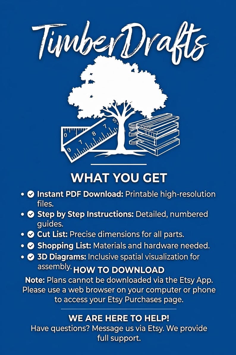 以下が含まれることがあります： 「Timber Drafts」のテキストと白い木のイラストが描かれた青いグラフィック。画像には、インスタントPDFダウンロード、ステップバイステップの説明、カットリスト、ショッピングリスト、3D図などの機能がリストされています。