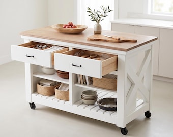 Rustic X Kitchen Island Woodworking Plans PDF | Rolling Cart with Drawers, Shelves & Casters | DIY Furniture Build