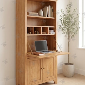 May include: A tall light brown wooden secretary desk featuring an upper bookshelf with three shelves, a fold-down work surface supported by metal chains, and a lower cabinet with two doors. A laptop and a notebook sit on the desk surface.