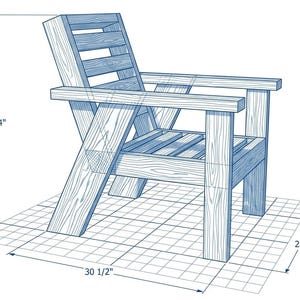 以下が含まれることがあります： アームレストとスラットバックを備えた木製椅子の青色のイラスト。椅子の高さは88.3cm、幅は77.5cm、奥行きは58.4cmです。デザインはグリッドの背景が特徴です。