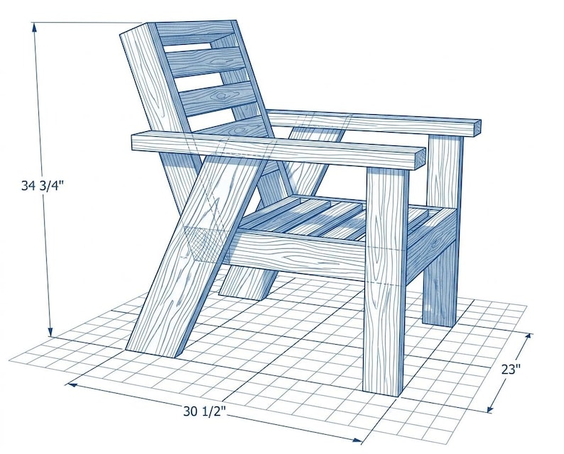 以下が含まれることがあります： アームレストとスラットバックを備えた木製椅子の青色のイラスト。椅子の高さは88.3cm、幅は77.5cm、奥行きは58.4cmです。デザインはグリッドの背景が特徴です。