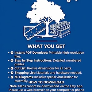 May include: A blue graphic with the text "Timber Drafts" in a stylized font. The image includes a tree, ruler, and stacked wood pieces. Text details "What You Get" and lists instant PDF downloads, instructions, cut lists, shopping lists, and 3D diagrams.
