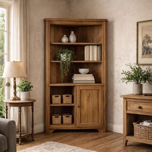 Könnte beinhalten: Ein Eck-Bücherregal aus Holz mit mehreren Regalen, einem Schrank und gewebten Körben. Die Regale zeigen Bücher, dekorative Vasen und Topfpflanzen. Das Bücherregal ist aus hellbraunem Holz gefertigt und befindet sich in einem gut beleuchteten Raum.