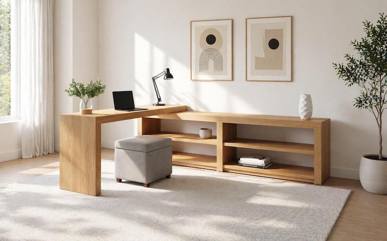 May include: A modern home office setup featuring a light wood desk with an attached shelving unit. A laptop, black desk lamp, and a gray ottoman are present. Two framed abstract art pieces hang on the wall, and a potted plant adds a touch of greenery.