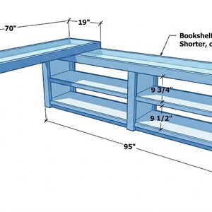 May include: A light blue, L-shaped bookshelf with dimensions shown. The main section is 95 inches long, 27 inches high, and 19 inches deep. The shorter section is 70 inches long and 30 inches high. The text says the bookshelf can be made shorter or up to 96 inches wide.