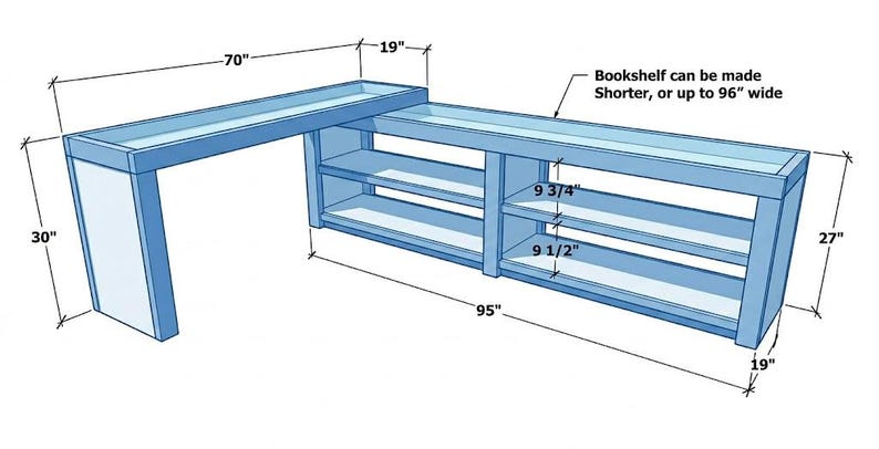 May include: A light blue, L-shaped bookshelf with dimensions shown. The main section is 95 inches long, 27 inches high, and 19 inches deep. The shorter section is 70 inches long and 30 inches high. The text says the bookshelf can be made shorter or up to 96 inches wide.