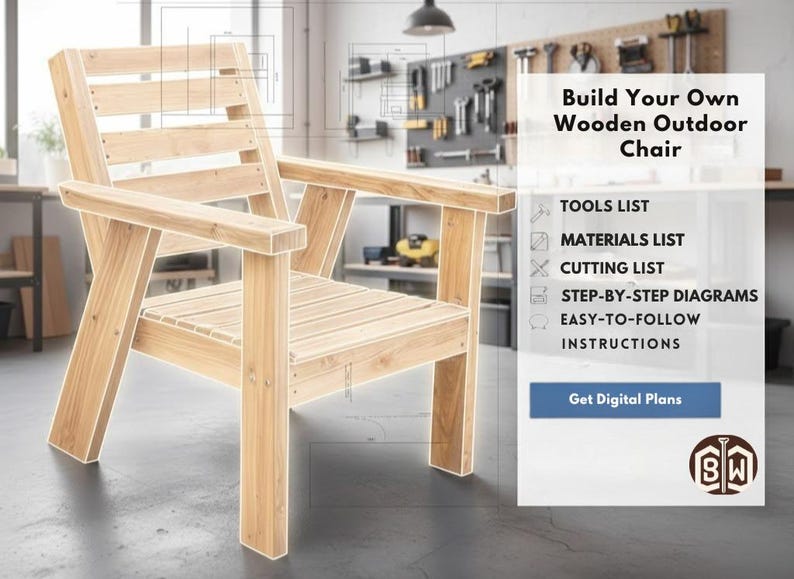 以下が含まれることがあります： アームレスト付きの明るい色の木製アウトドアチェア。椅子は、目に見える接合部とスラットで構成されています。右側のテキストには、「Build Your Own Wooden Outdoor Chair」と、含まれているリソースのリストが記載されています。椅子はワークショップにあります。