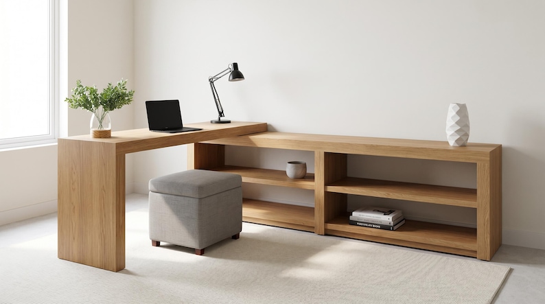 May include: A light wood desk with a built-in bookshelf and a gray ottoman. A black laptop and a black desk lamp are on the desk. A white vase and a small ceramic pot are on the bookshelf. The desk is 100 inches long.