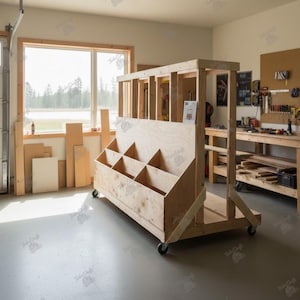 May include: A mobile wooden lumber storage cart featuring a vertical frame and a front-facing section with multiple angled compartments for organizing boards. The structure is constructed from light-colored plywood and dimensional lumber.
