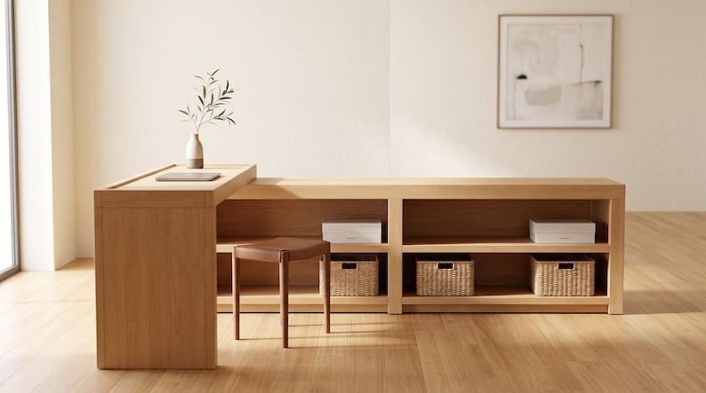 May include: A light-colored wooden desk with built-in shelving and a matching stool. The desk has a raised section with a small vase and a laptop. Woven baskets and white boxes are placed on the shelves. A framed artwork hangs on the wall.