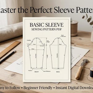 May include: A sewing pattern PDF titled Basic Sleeve featuring technical line drawings of front and back sleeve pieces with labels for grainline, cap height, bicep, length, notches, and seam allowance on a cream background with black text.