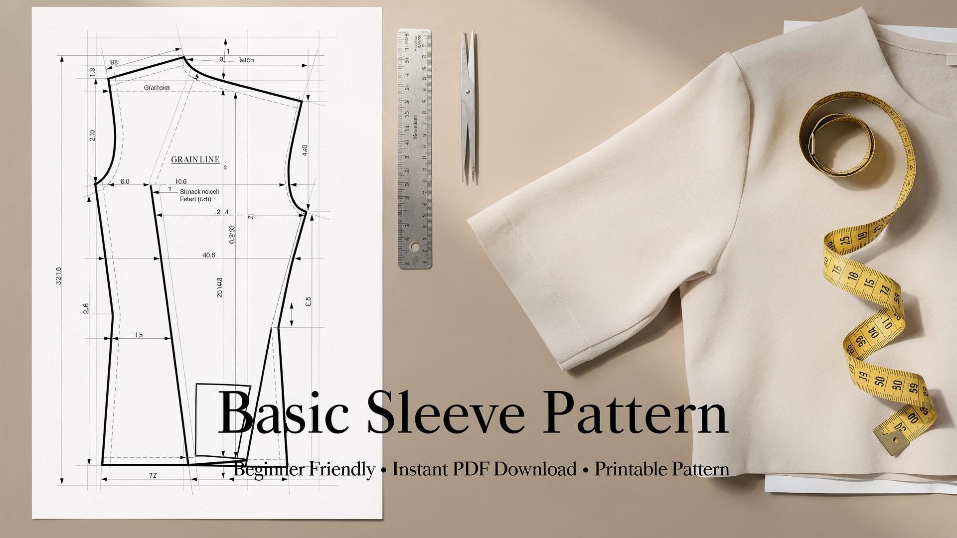 Full Sleeve Pattern Basic Sleeve Pattern PDF | Beginner Dressmaking Sewing Template ...