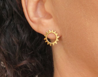 14k Gold Earrings, Sun Earrings, 14k Gold Stud Earrings, Unique Studs, Solid Gold Jewelry, Gold Sun Stud Earrings, Open Circle Earrings