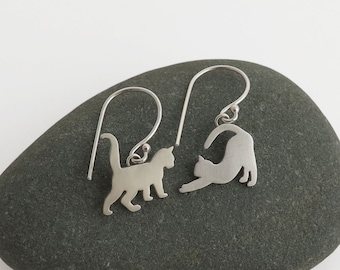 Cat Earrings, Silver Dangle Earrings, Mismatched Earrings, Animal Jewelry for Women, Silver Cat Earrings, Cute Drop Earrings, Kitty Earrings