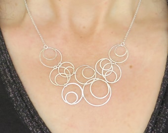 Silver Necklace for Women, Sterling Silver Necklace, Bib Necklace, Circle Necklace, Statement Necklace, Unique Necklace,Silver Wire Necklace