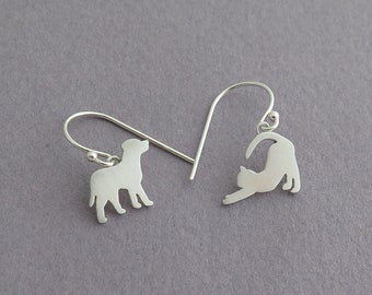 Dog and Cat Earrings, Mismatched Sterling Silver Dangle Earrings