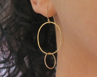 14k Gold Dangle Earrings, Solid Gold Oval Hoops