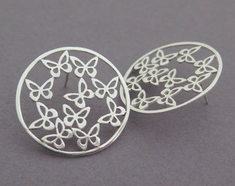 Large Stud Earrings, Butterfly Earrings, Silver Studs, Statement Earrings, Circle Earrings, Unique Earrings, Butterfly Jewelry