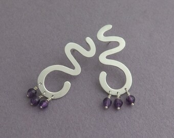 Statement Earrings, Sterling Silver Dangle Earrings, Long Silver Earrings, Amethyst Earrings,Abstract Earring,Squiggle Earrings,Post Earring