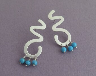 Abstract Earrings, Squiggly Silver Statement Earrings with Turquoise