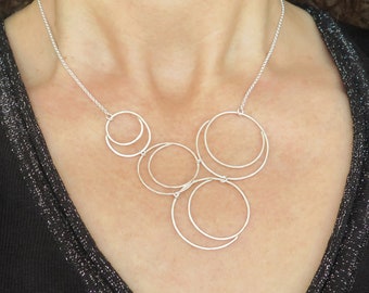 Bib Necklace, Silver Necklace for Women, Statement Necklace, Unique Sterling Silver Necklace, Circles Necklace,Bubble Necklace,Wire Necklace