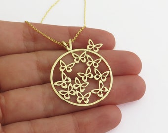 14k Gold Necklace for Women, Butterflies Circle Pendant Necklace, Solid Gold Handmade Jewelry