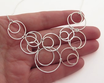 Bib Necklace, Sterling Silver Necklace for Women, Circle Necklace, Geometric Jewelry, Statement Necklace,Bubble Necklace,Asymmetric Necklace