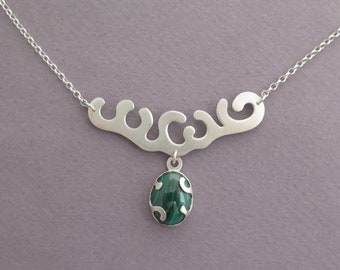 Malachite Necklace, Silver Necklace for Women, Sterling Silver Pendant Necklace, Green Gemstone Necklace, Antler Necklace, Coral Branch