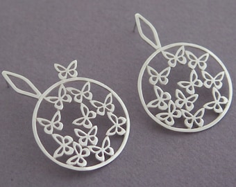 Butterfly Earrings, Sterling Silver Drop Earrings, Statement Earrings, Circle Earrings