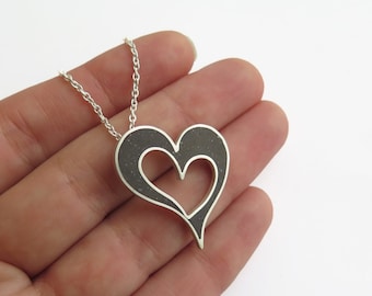 Heart Pendant Necklace, Silver Necklace for Women, Black Heart Necklace, Sterling Silver Heart Jewelry, Large Heart Necklace, Resin Heart