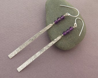 Long Bar Earrings - Sterling Silver and Amethyst Dangle Earrings