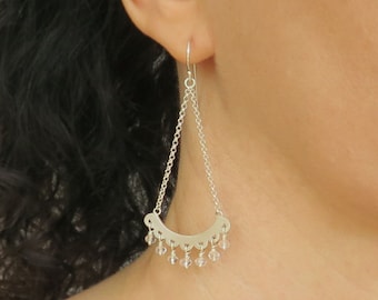Sterling Silver Dangle Earrings, Long Dangle Earrings, Statement Earrings, Chandelier Earrings, Unique Earrings, Clear Quartz Earrings
