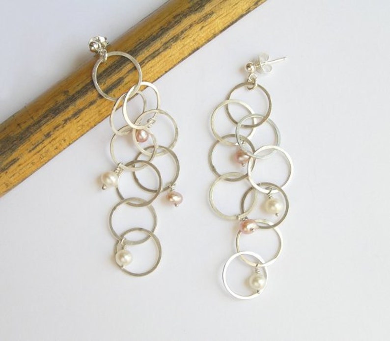 Dangle Silver Earrings with Pearls Bubbles Earrings image 3