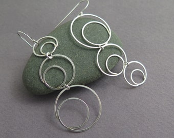 Silver Dangle Earrings, Long Earrings, Asymmetric Earrings, Dangle Circle Earrings, Lightweight Earrings, Women Sterling Silver Wire Earring