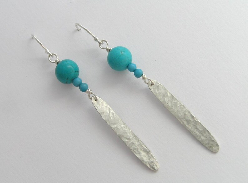 Silver Dangle Earrings, Turquoise Earrings, Boho Silver Earrings, Turquoise Dangle Earrings, Feather Earring, Long Earring, Drop Bar Earring image 2