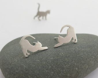 Cat Earrings - Cat Lover Gift - Sterling Silver Stud Earrings - Silver Cat Jewelry - Silver Cat Earrings - Cat Studs - Animal Lover Gift