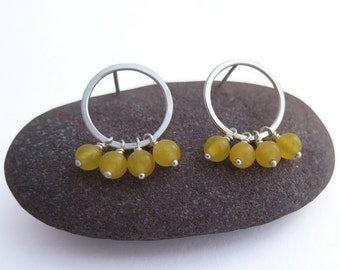 Hoop Earrings with Yellow Jade - Circle Post Earrings - Sterling Silver and Gemstone Earrings