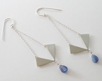 Geometric Dangle Earrings - Long Triangle Chandelier Earrings - Sterling Silver  with Blue Kyanite Drops