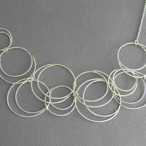 Bubble Necklace - Sterling Silver - Circles Bib Necklace - Spiral Necklace - Asymetrical Necklace