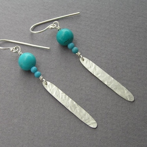 Silver Dangle Earrings, Turquoise Earrings, Boho Silver Earrings, Turquoise Dangle Earrings, Feather Earring, Long Earring, Drop Bar Earring image 1