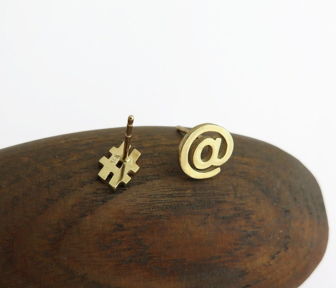 14k Gold Hashtag & At Studs Twitter Earrings Mismatched Etsy