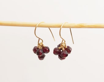 Garnet Earrings, Gold Dangle Earrings, Dangle Gemstone Earrings, January Birthstone, Red Stone Earrings,Gold Filled Earrings,Cluster Earring