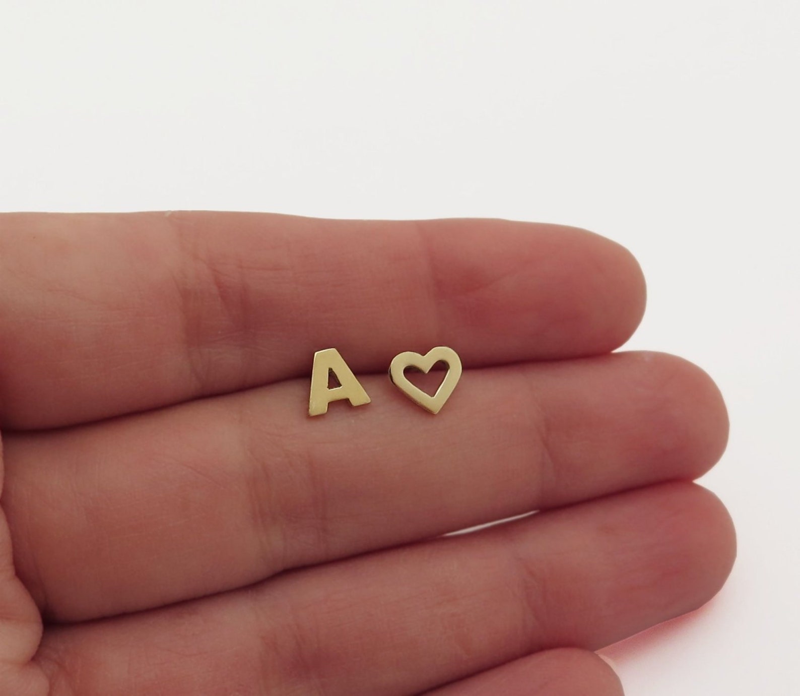 14k Gold Heart & Letter Earrings 14k Gold Earrings Solid Etsy