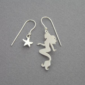 Mermaid and Starfish Earrings Mismatched Danglel Earrings Sterling Silver Hand Cut Ocean Jewelry image 5