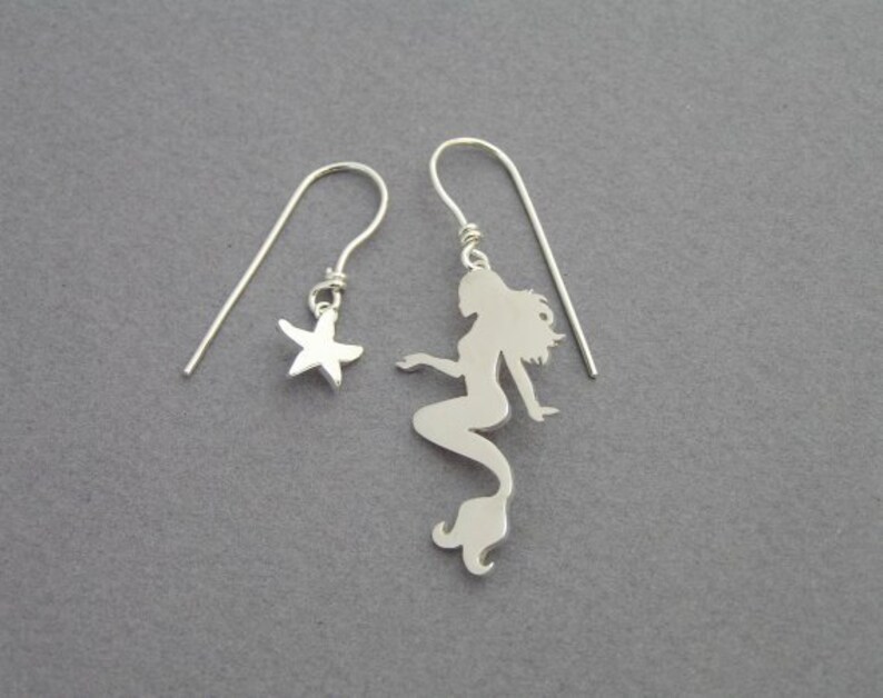 Mermaid and Starfish Earrings Mismatched Danglel Earrings Sterling Silver Hand Cut Ocean Jewelry image 5