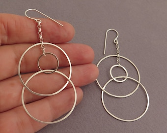 Sterling Silver Dangle Earrings, Long Earrings, Dangle Circle Earrings, Unique Dangle Earrings, Silver Circle Earrings, Long Hoop Earrings