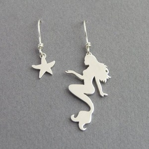 Mermaid and Starfish Earrings Mismatched Danglel Earrings Sterling Silver Hand Cut Ocean Jewelry image 1