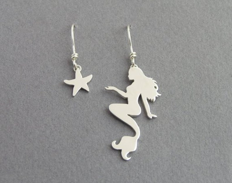 Mermaid and Starfish Earrings Mismatched Danglel Earrings Sterling Silver Hand Cut Ocean Jewelry image 1