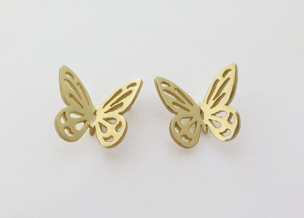 14k Gold Butterfly Earrings Solid Gold Studs Big Gold - Etsy Israel