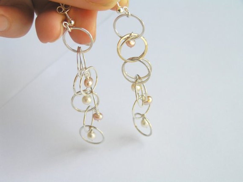 Dangle Silver Earrings with Pearls Bubbles Earrings image 4